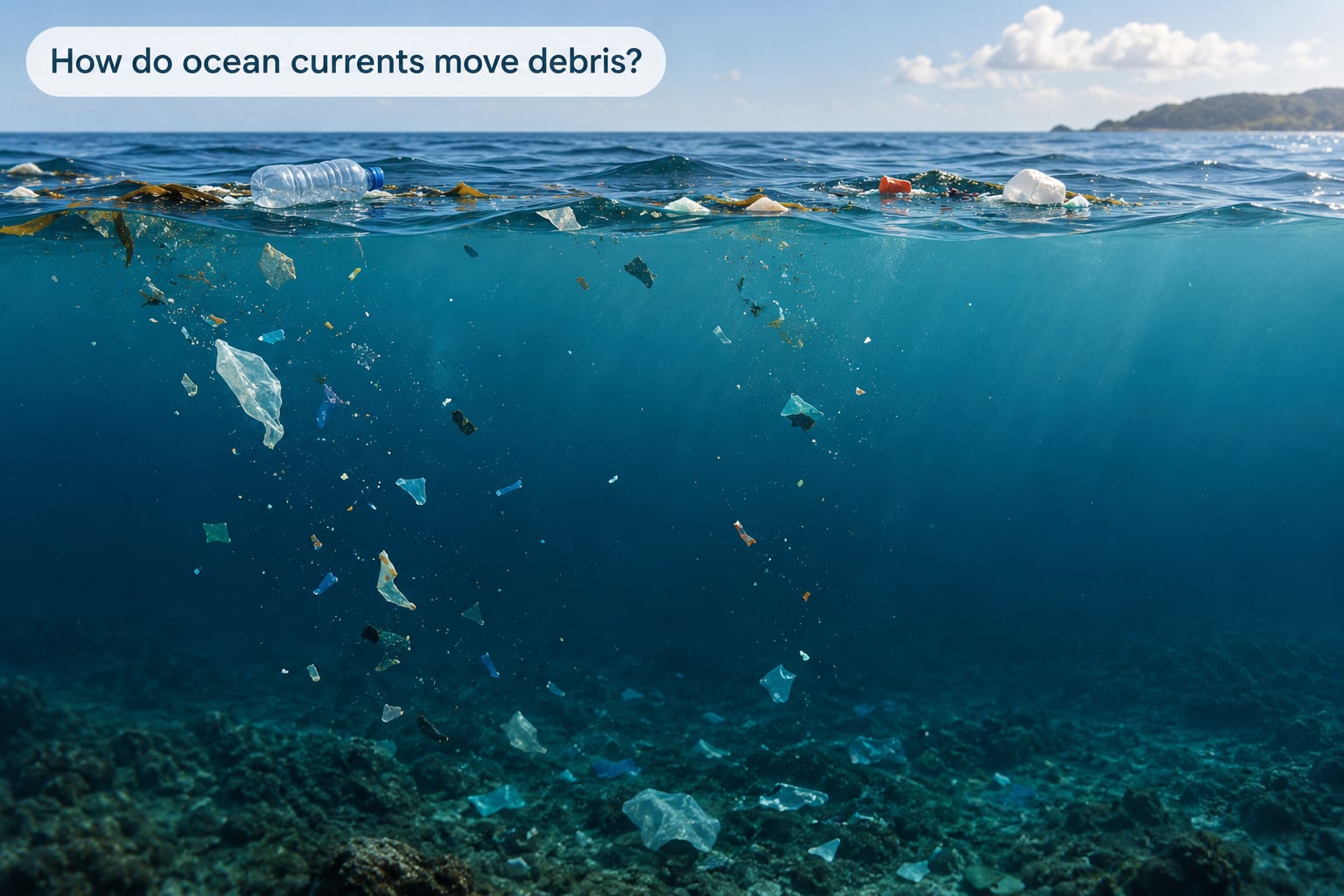 How do ocean currents move debris?
