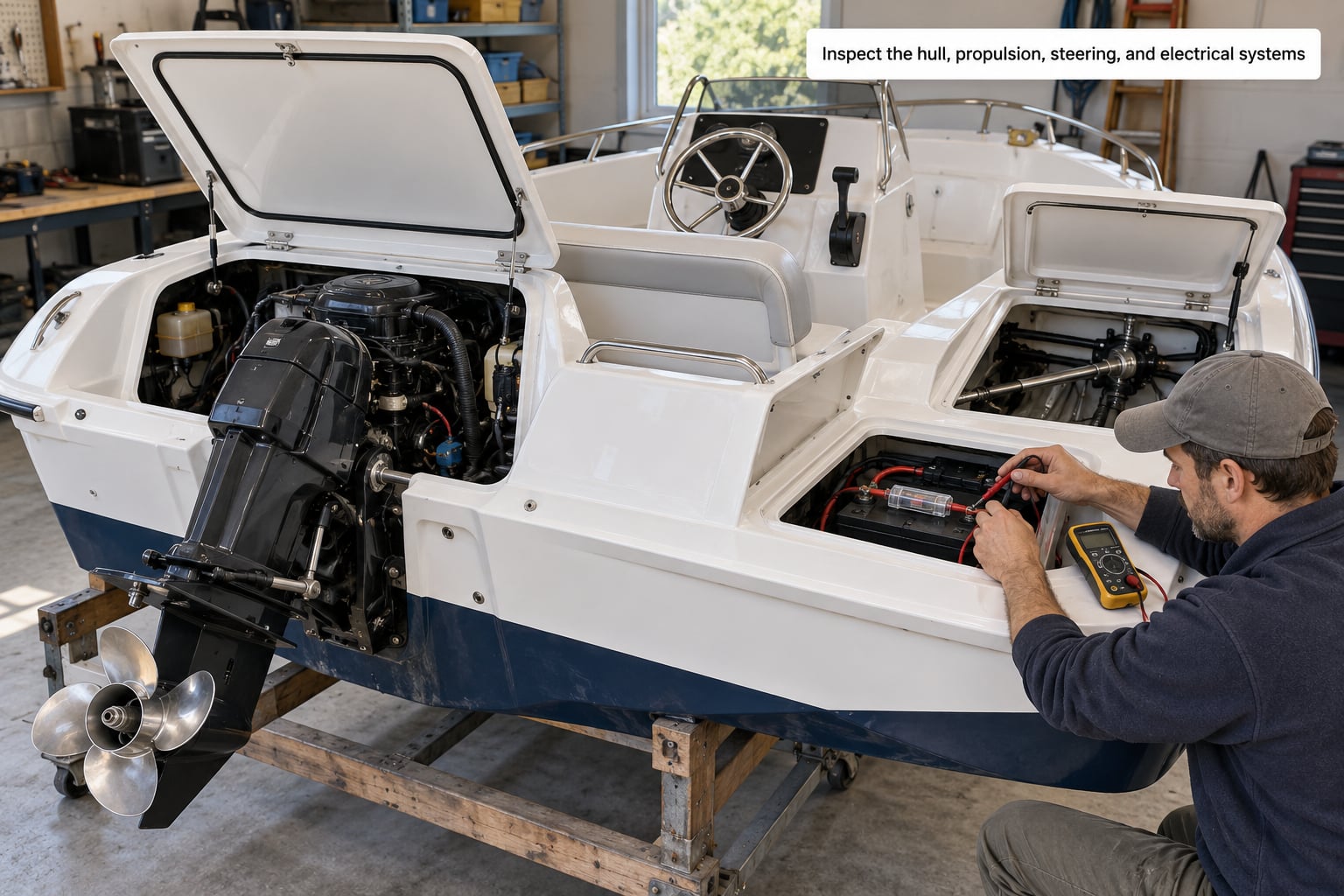 Inspect the hull, propulsion, steering, and electrical systems