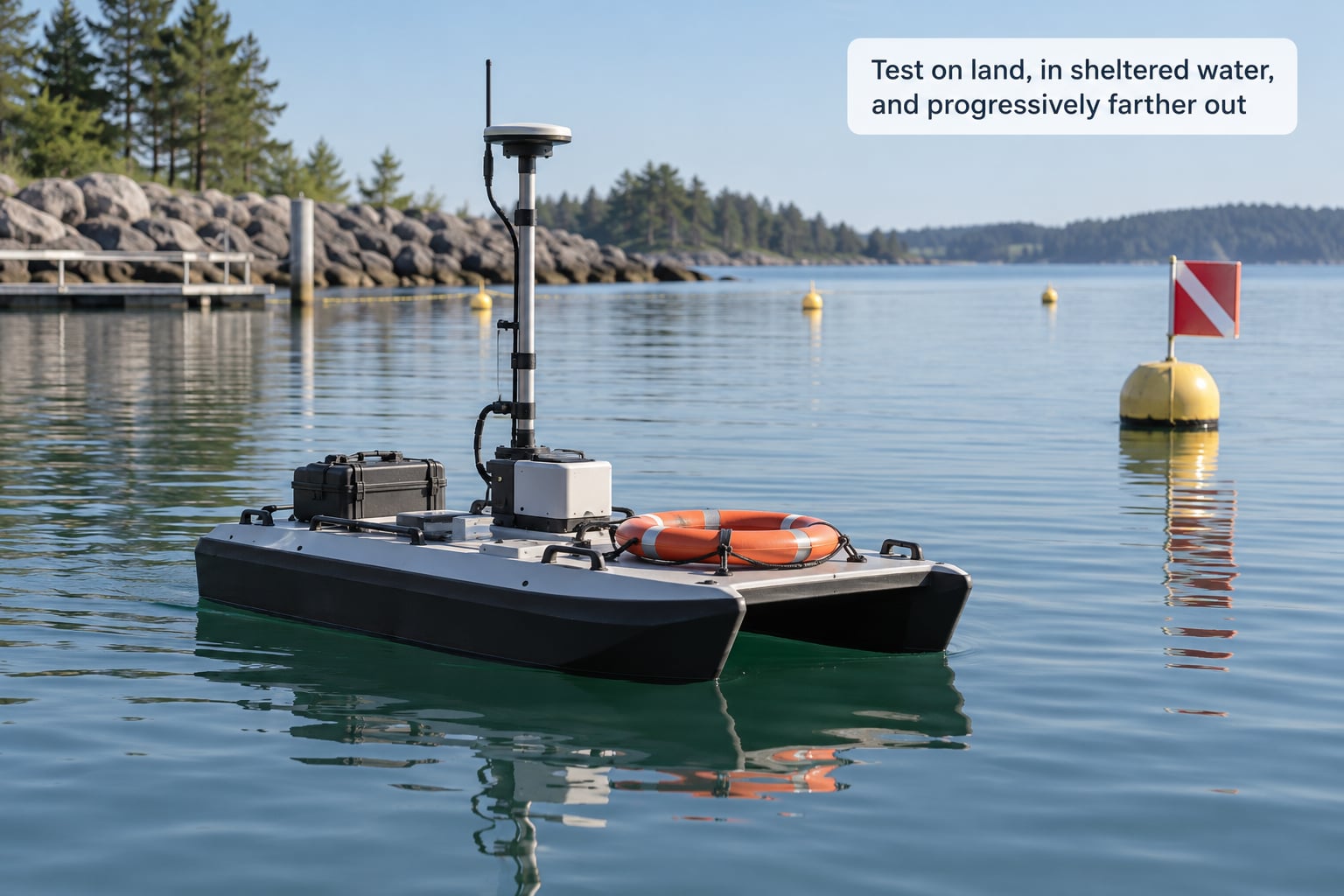 Test on land, in sheltered water, and progressively farther out